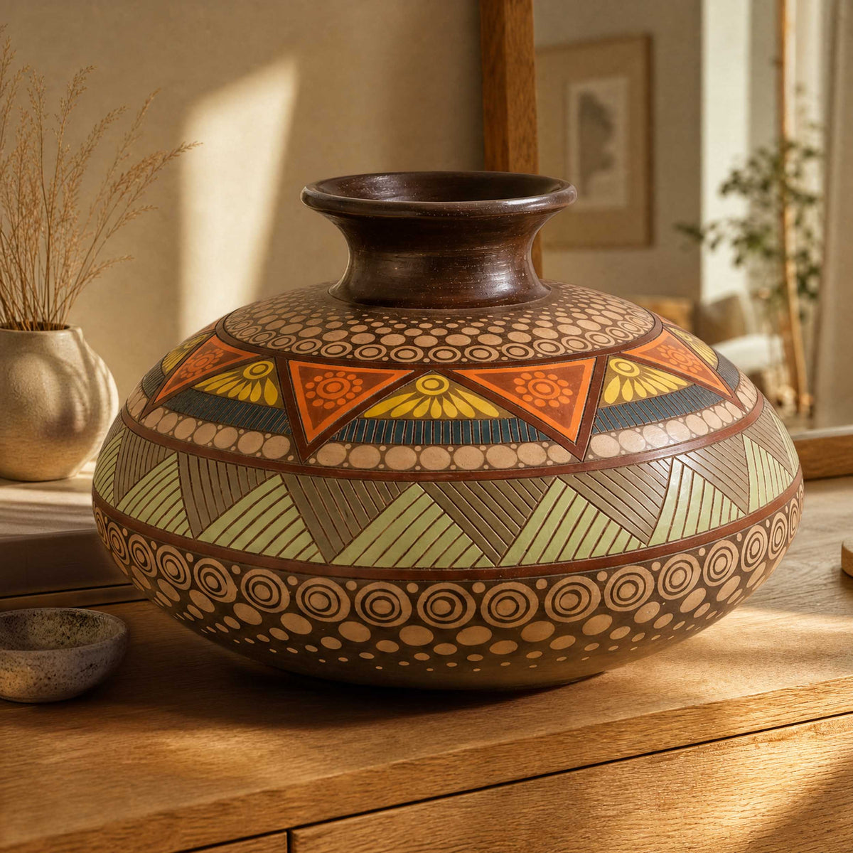 Zinapecuaro Hand-Carved Mandala Ceramic Vessel