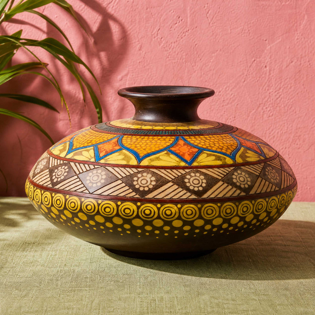 Zinapecuaro Amarillo Hand-Carved Mandala Ceramic Vessel