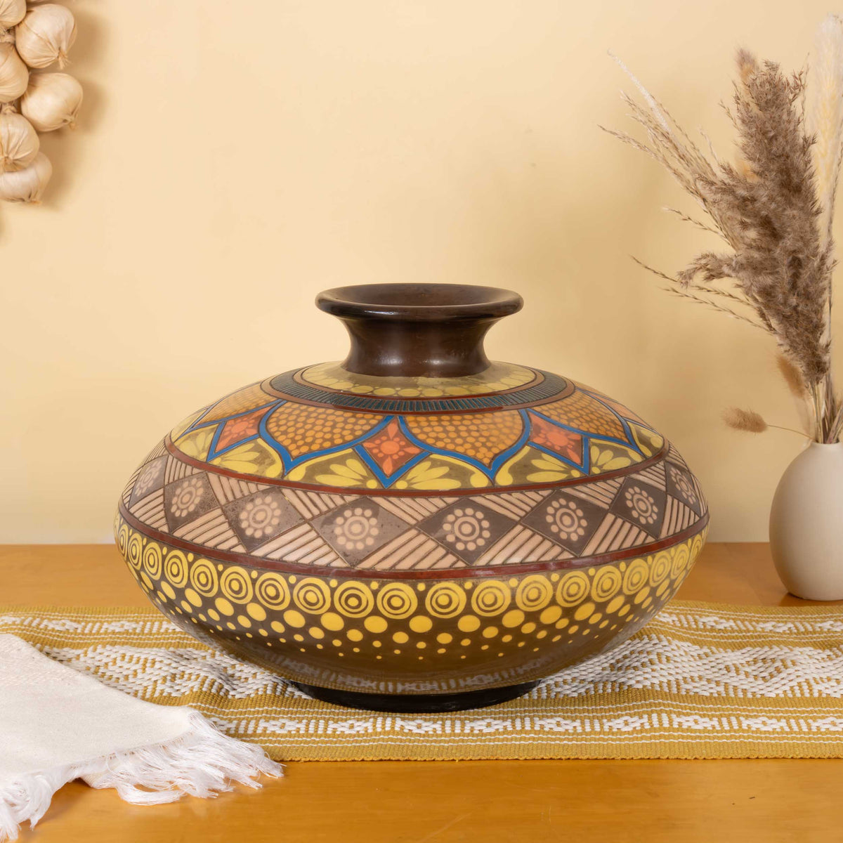 Zinapecuaro Amarillo Hand-Carved Mandala Ceramic Vessel