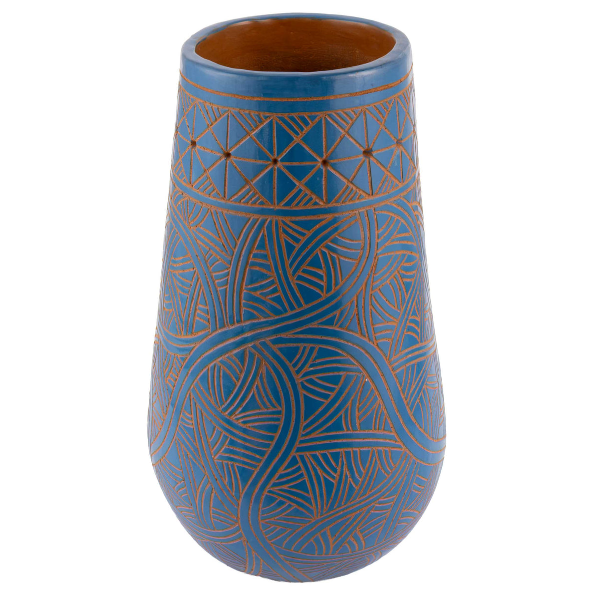 Zinapécuaro Hand-Carved Blue Dancing Geometric Vase
