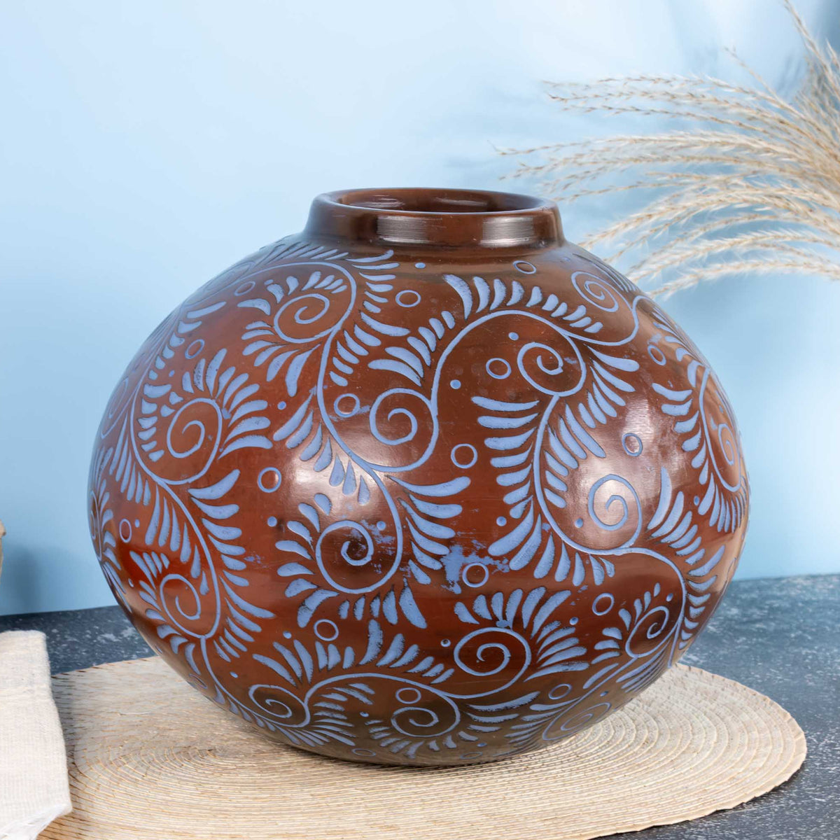 Zinapécuaro Hand-Carved Blue Floral Ceramic Sphere Vase