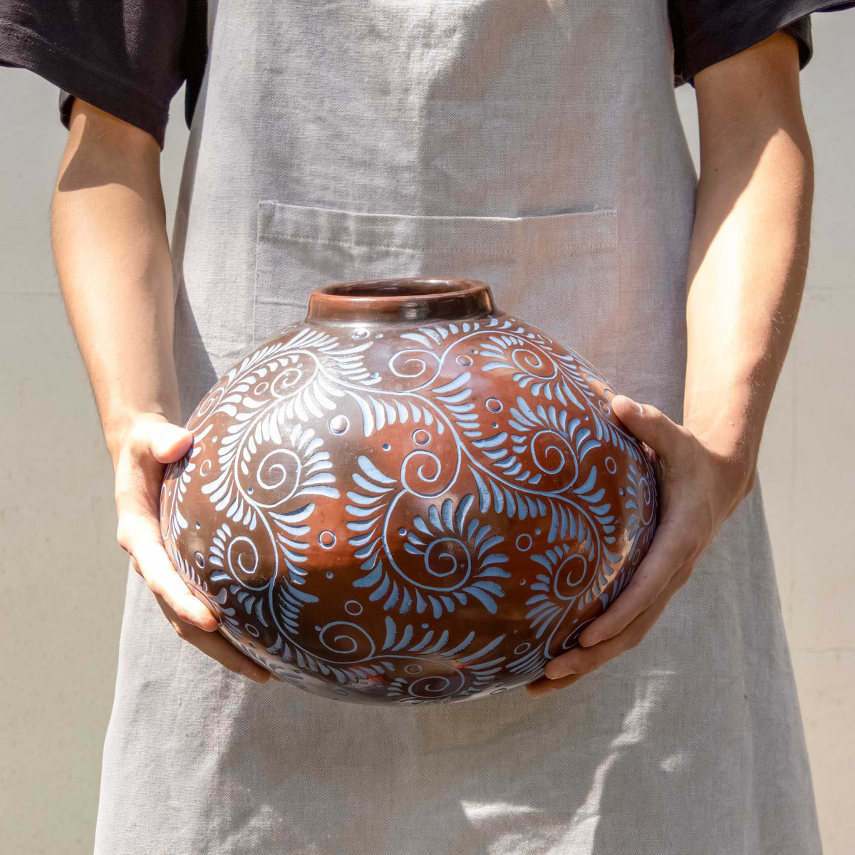 Zinapécuaro Hand-Carved Blue Floral Ceramic Sphere Vase