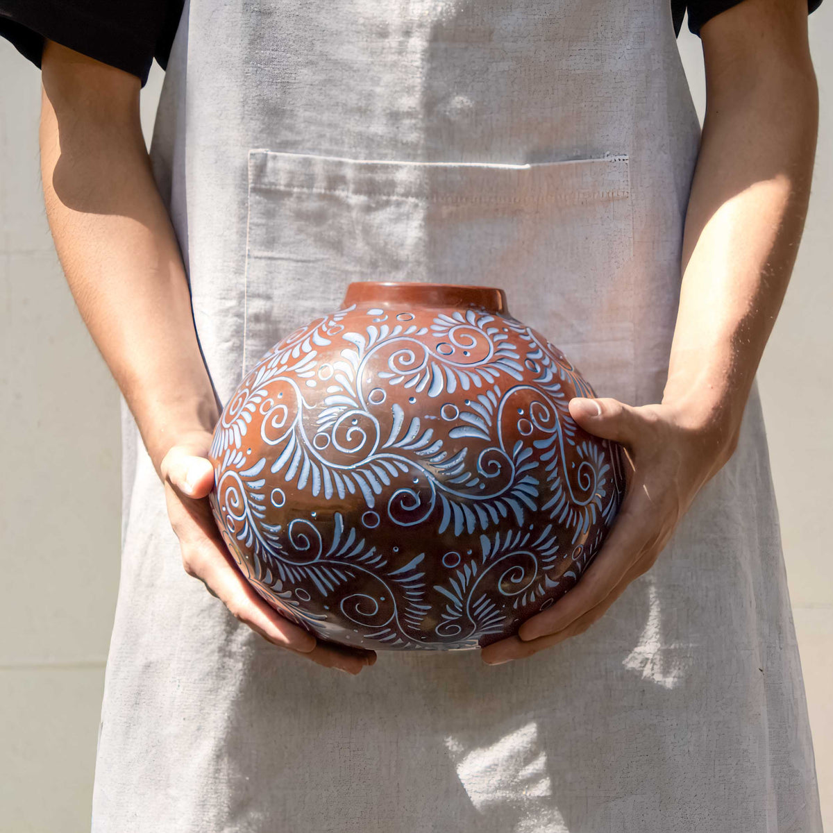 Zinapécuaro Hand-Carved Blue Floral Ceramic Sphere Vase