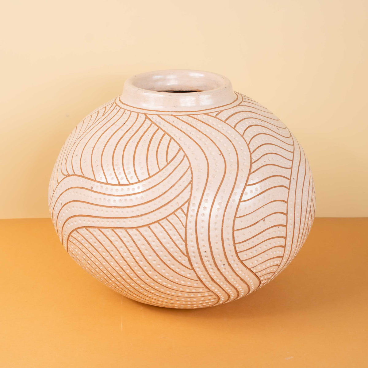 Zinapécuaro Hand-Carved White Ceramic Sphere Vase
