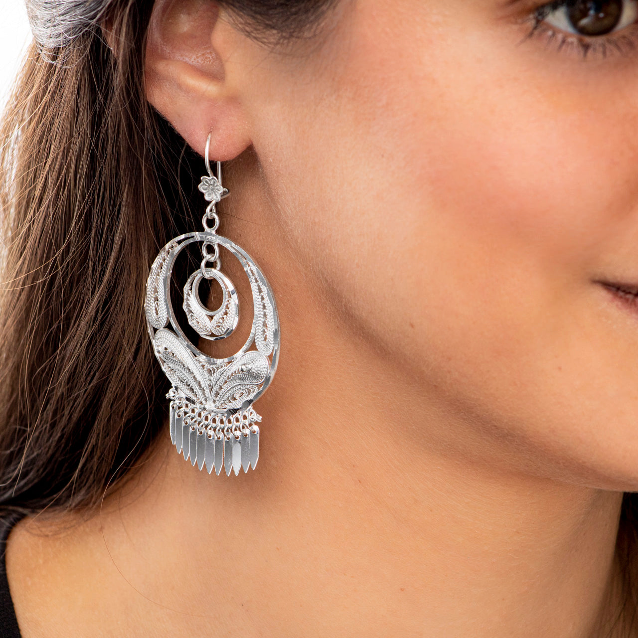 Sterling Silver Large Round Folkloric Filigree Earrings