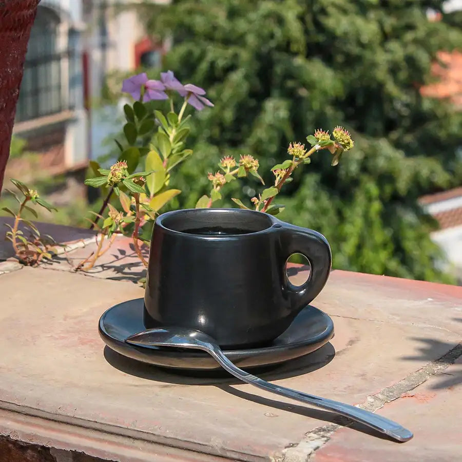 Handcrafted Ceramic Cup and Saucer Set - Natural Bloom in Black