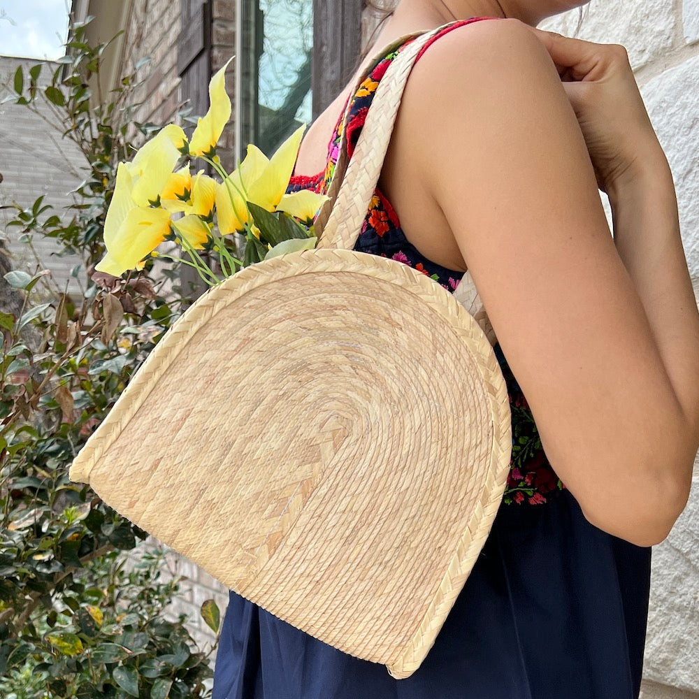 Mazunte Woven Palm Round Beach Bag Tote | Lolo Mexican Mercadito Tan Straps