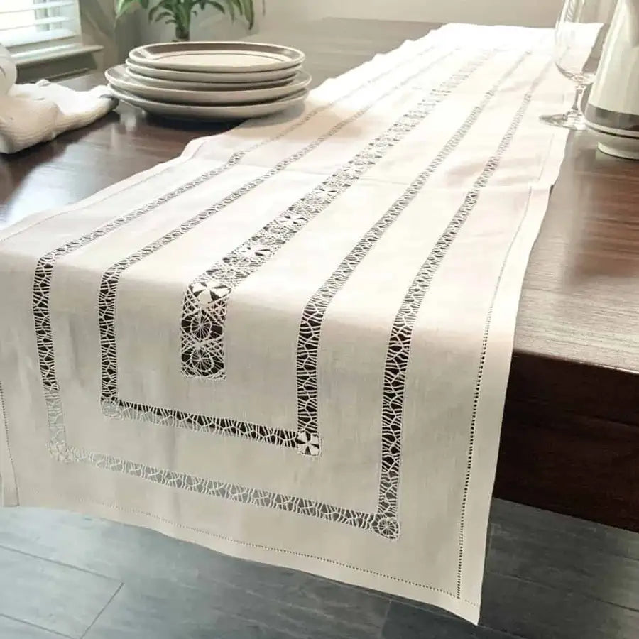 Cruces White Cotton Deshilado Table Runner - 7