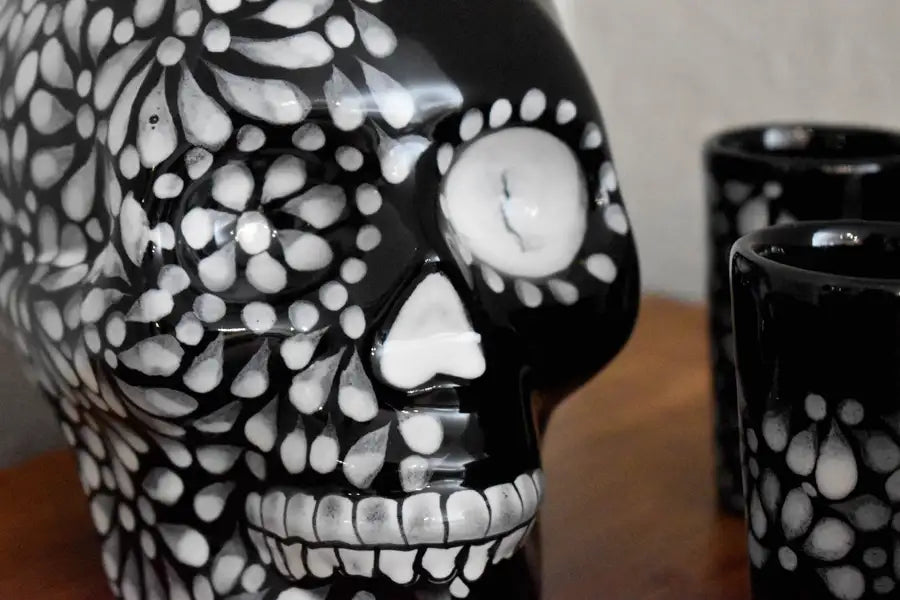 Hand Painted Sugar Skull Decanter and Shot Glasses Set