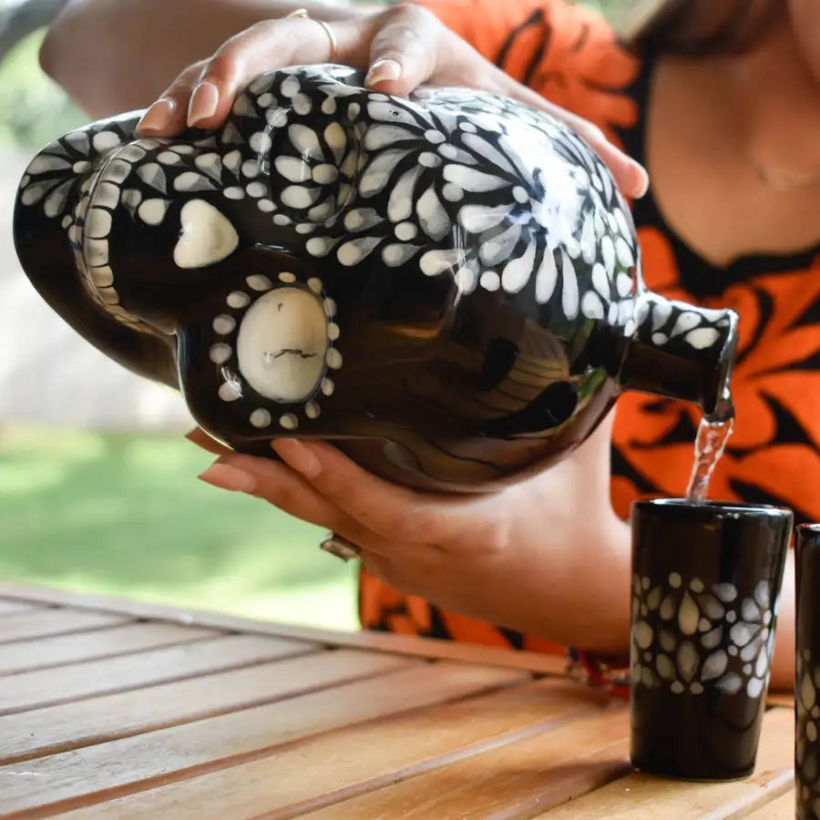 Hand Painted Sugar Skull Decanter and Shot Glasses Set