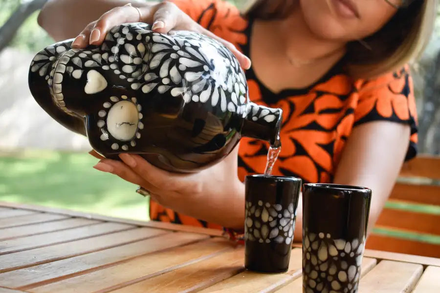 Hand Painted Sugar Skull Decanter and Shot Glasses Set