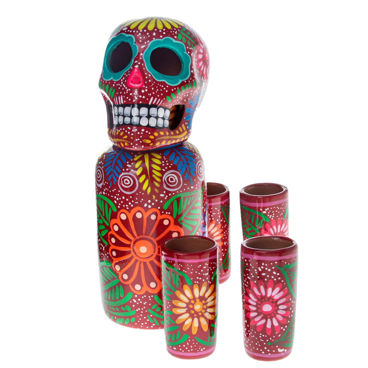 Hand-Painted Sugar Skull Top Decanter and Shot Glasses Set