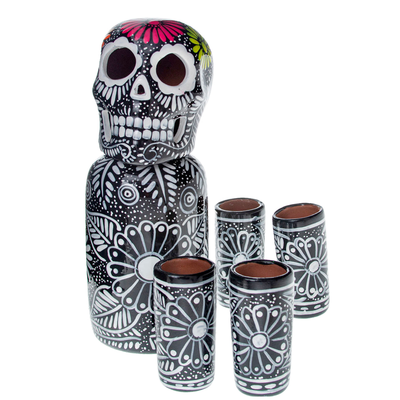 Hand-Painted Sugar Skull Top Decanter and Shot Glasses Set