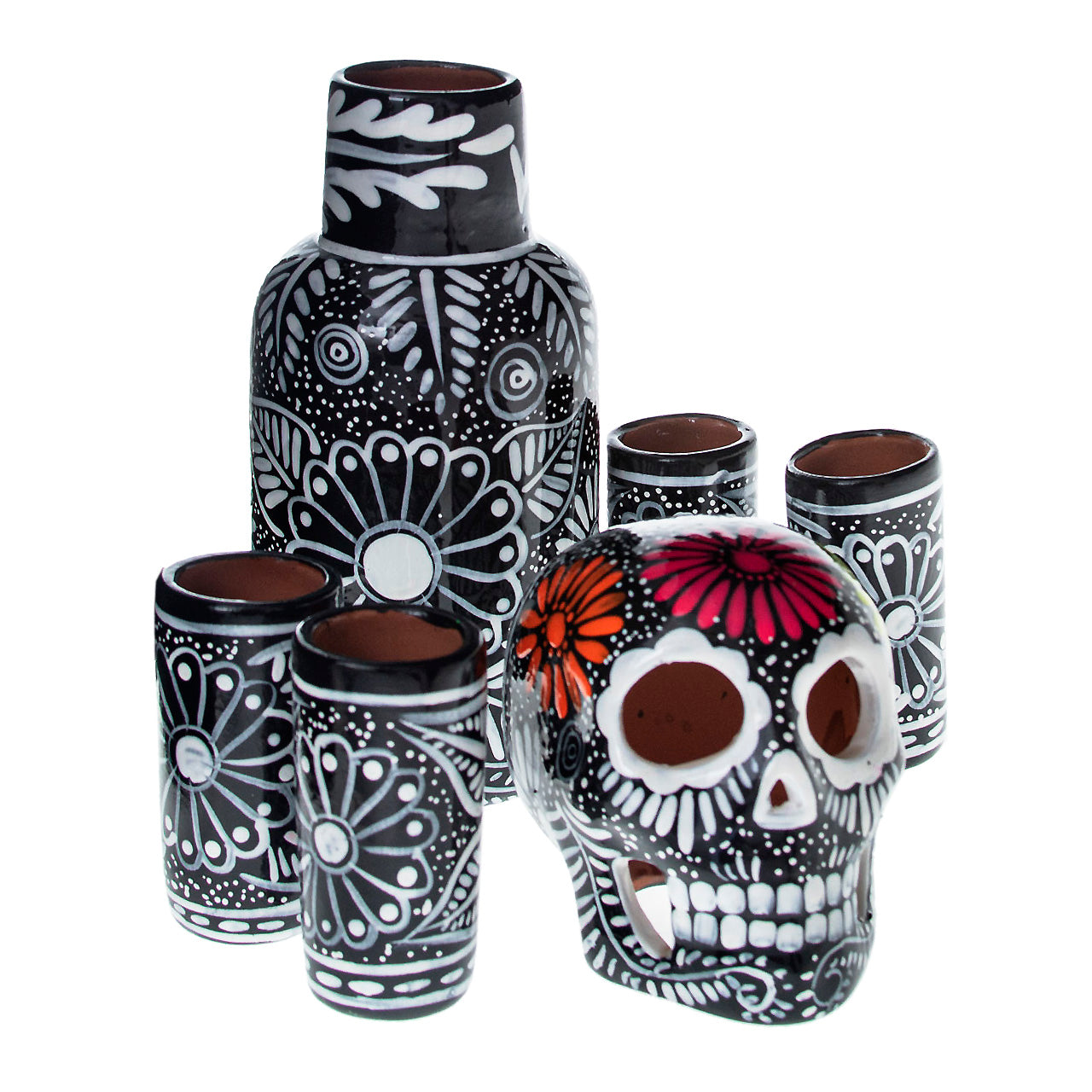 Hand-Painted Sugar Skull Top Decanter and Shot Glasses Set