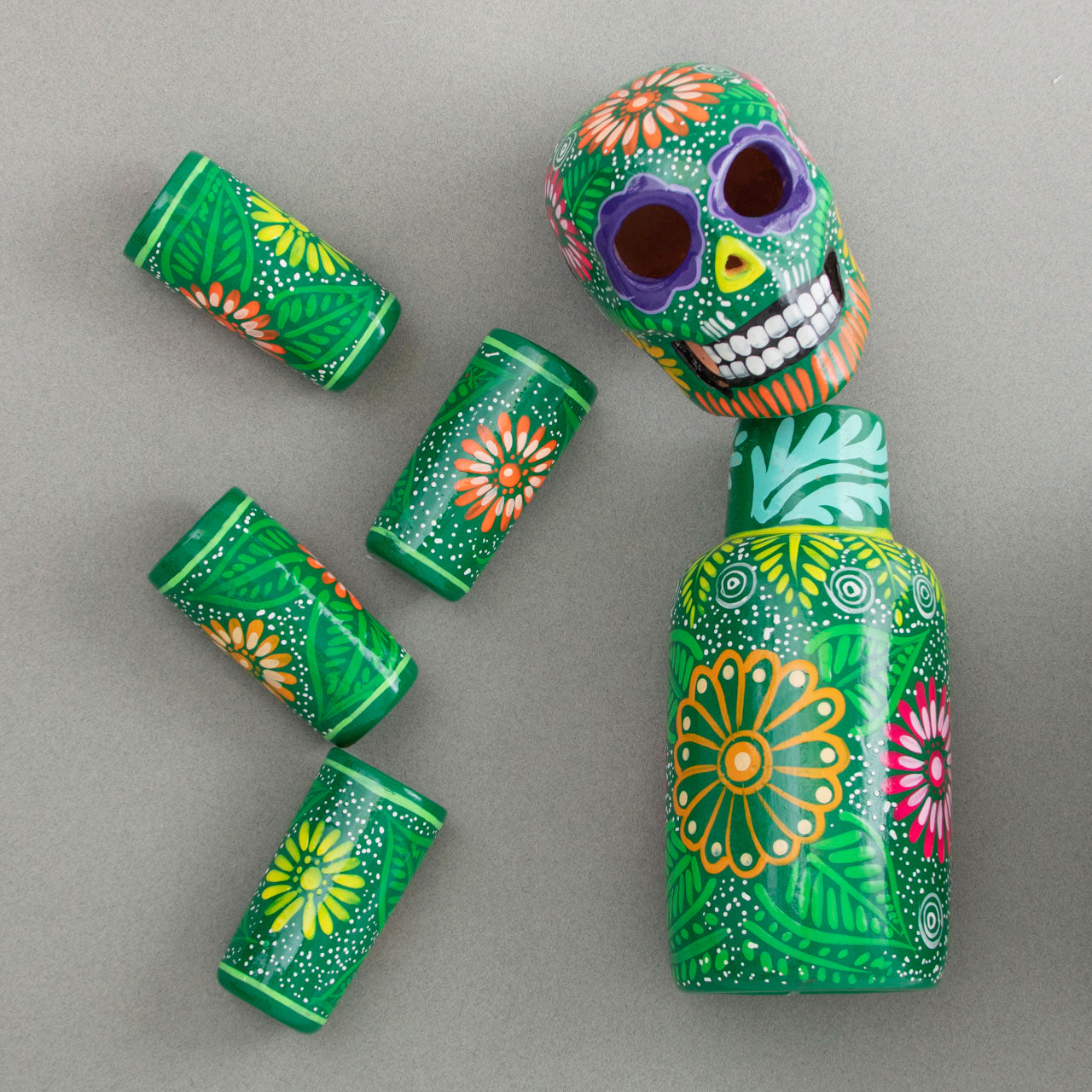 Hand-Painted Sugar Skull Top Decanter and Shot Glasses Set