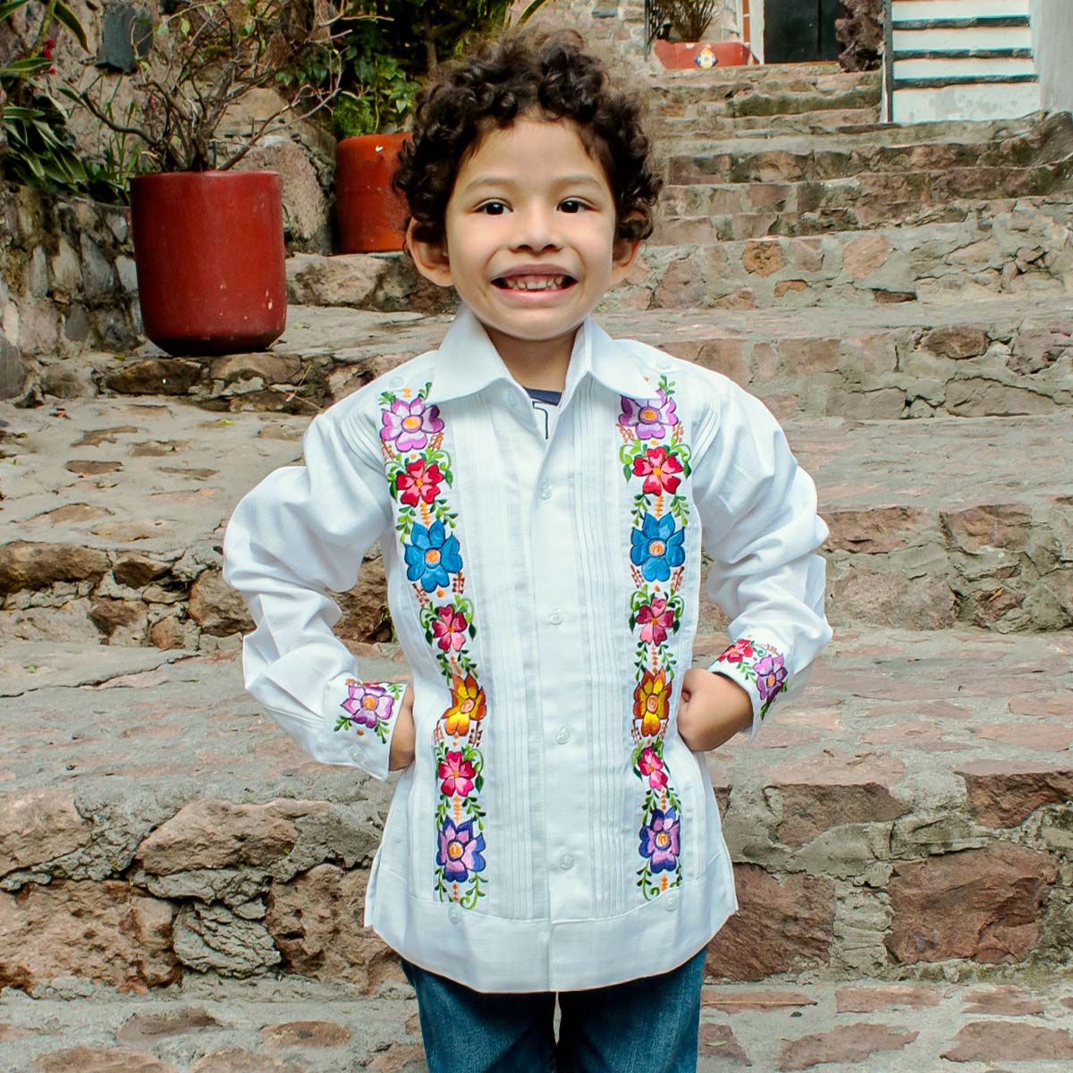 Children's Embroidered Floral Long Sleeve White Guayabera