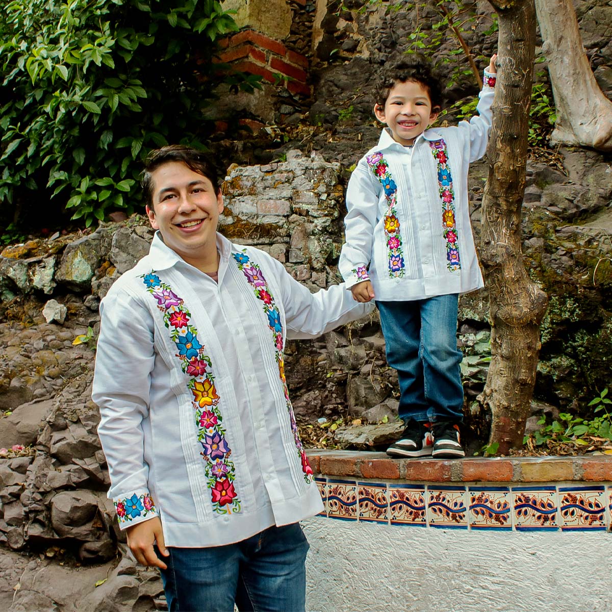 Children's Embroidered Floral Long Sleeve White Guayabera