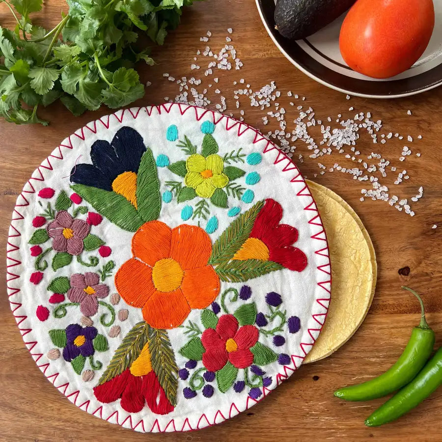 Hand Embroidered Floral Tortilla Warmer