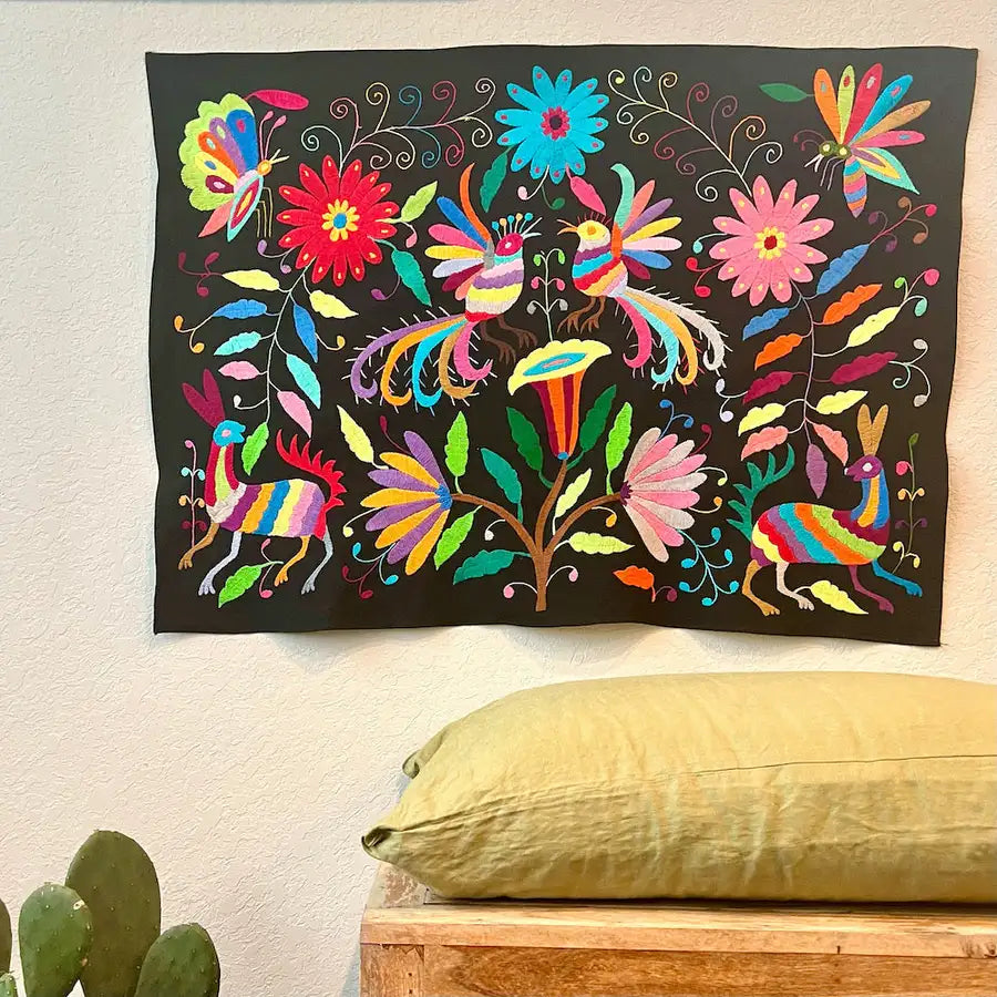 Black Otomí Hand-Embroidered Tapestry