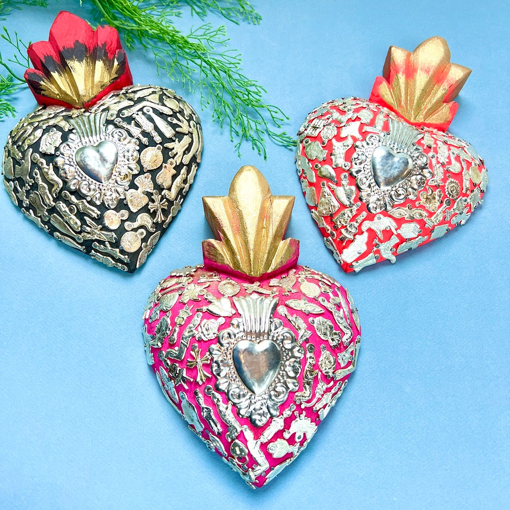 Sagrado Corazón- Large Wooden Heart with Milagritos