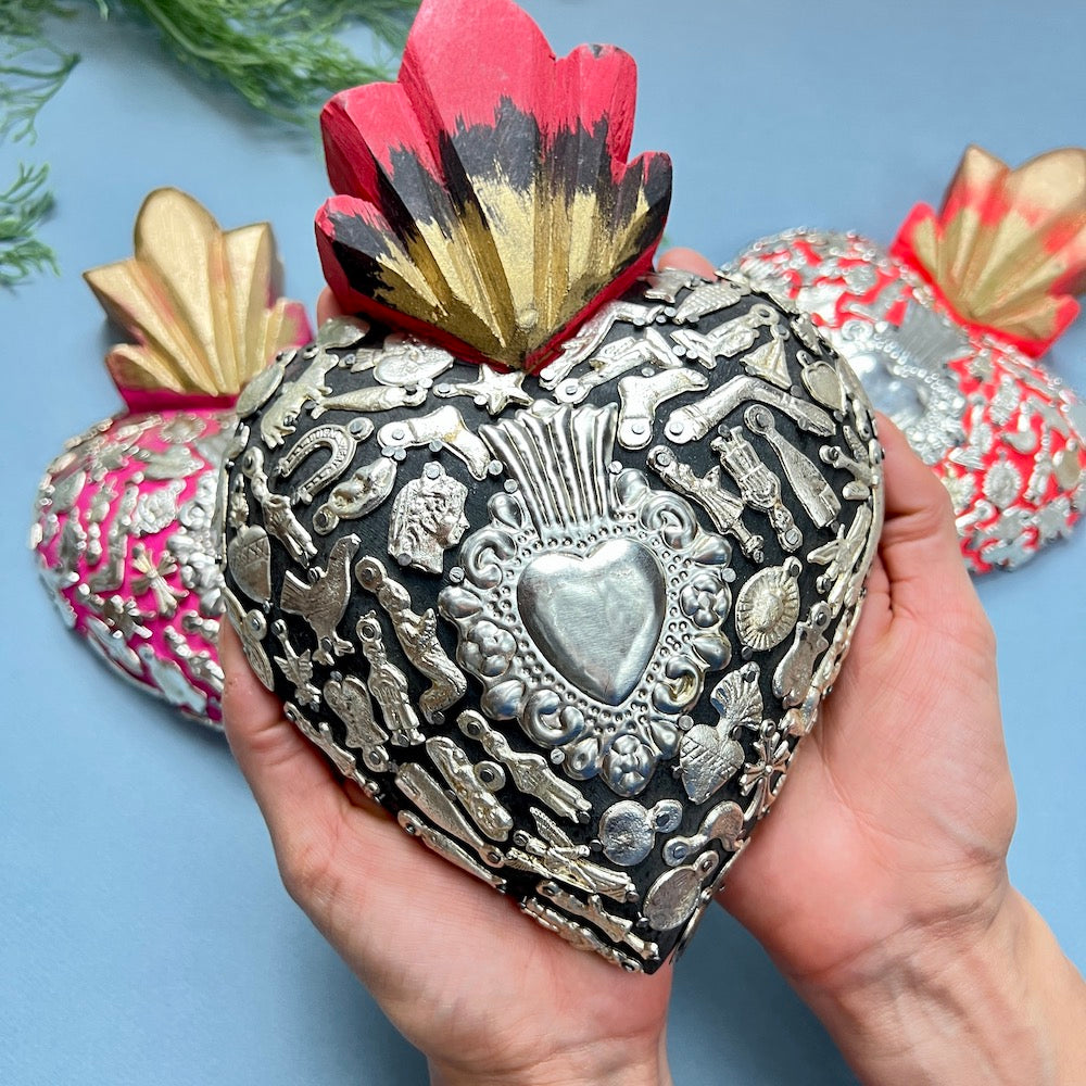 Sagrado Corazón- Large Wooden Heart with Milagritos