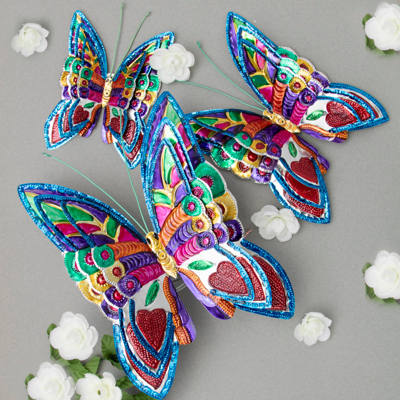 Hand-Painted Butterflies Set of 3 Milagro Tin Art