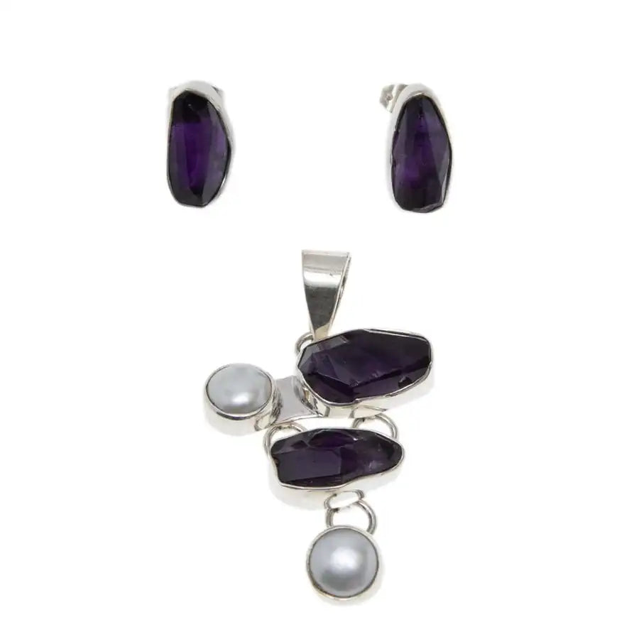 Sterling Silver Serene Amethyst Earrings and Pendant Set - 1