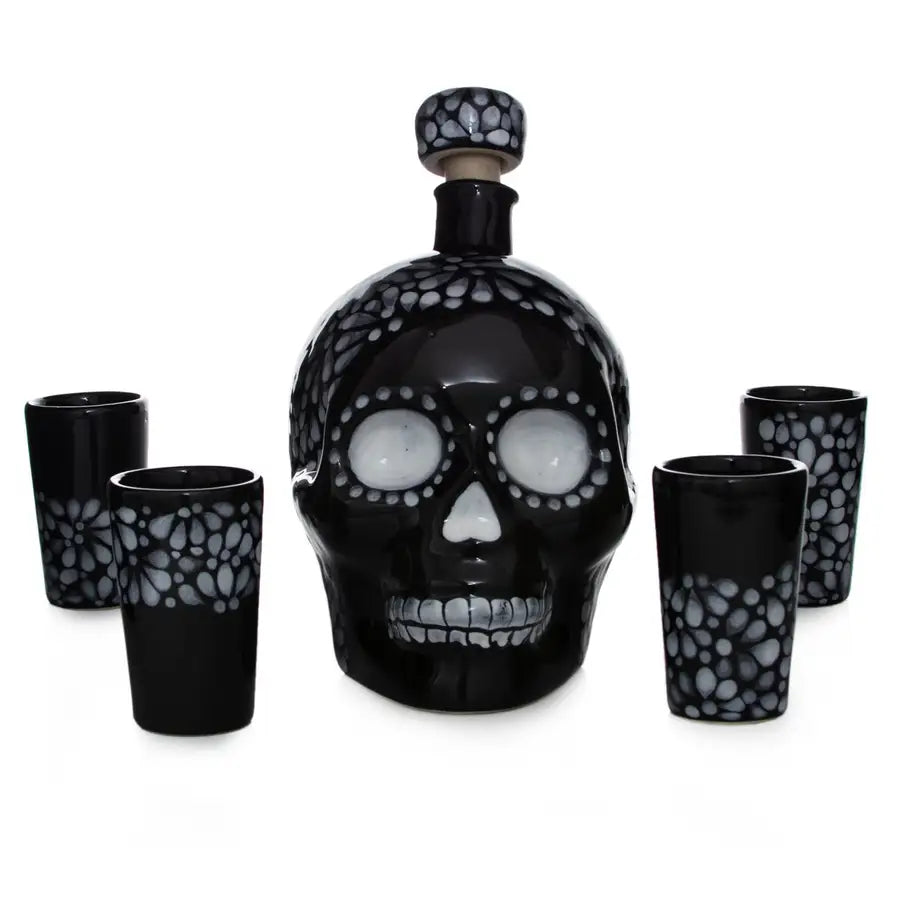 Hand Painted Sugar Skull Decanter and Shot Glasses Set
