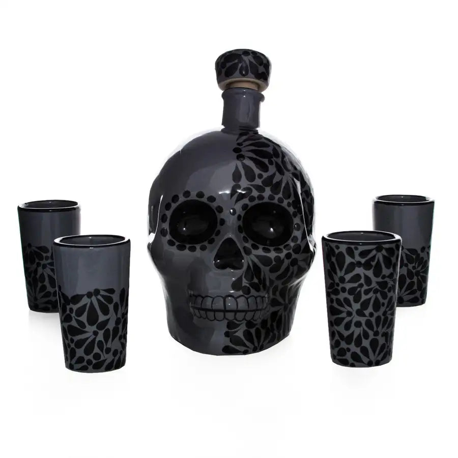 Hand Painted Sugar Skull Decanter and Shot Glasses Set
