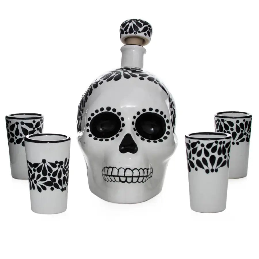 Hand Painted Sugar Skull Decanter and Shot Glasses Set