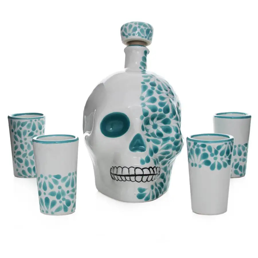 Hand Painted Sugar Skull Decanter and Shot Glasses Set