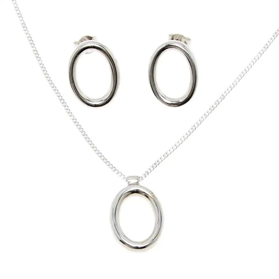 Sterling Silver Oval Earrings and Pendant Necklace Set - 1