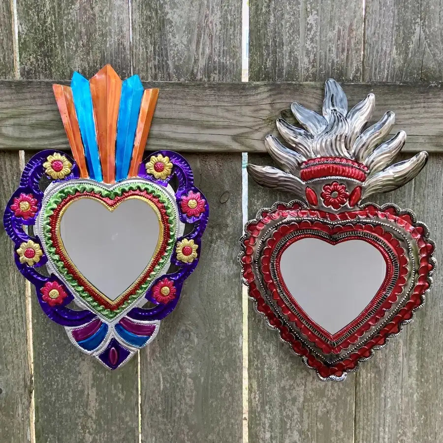 XL Mexican Milagro Tin Heart with Mirror