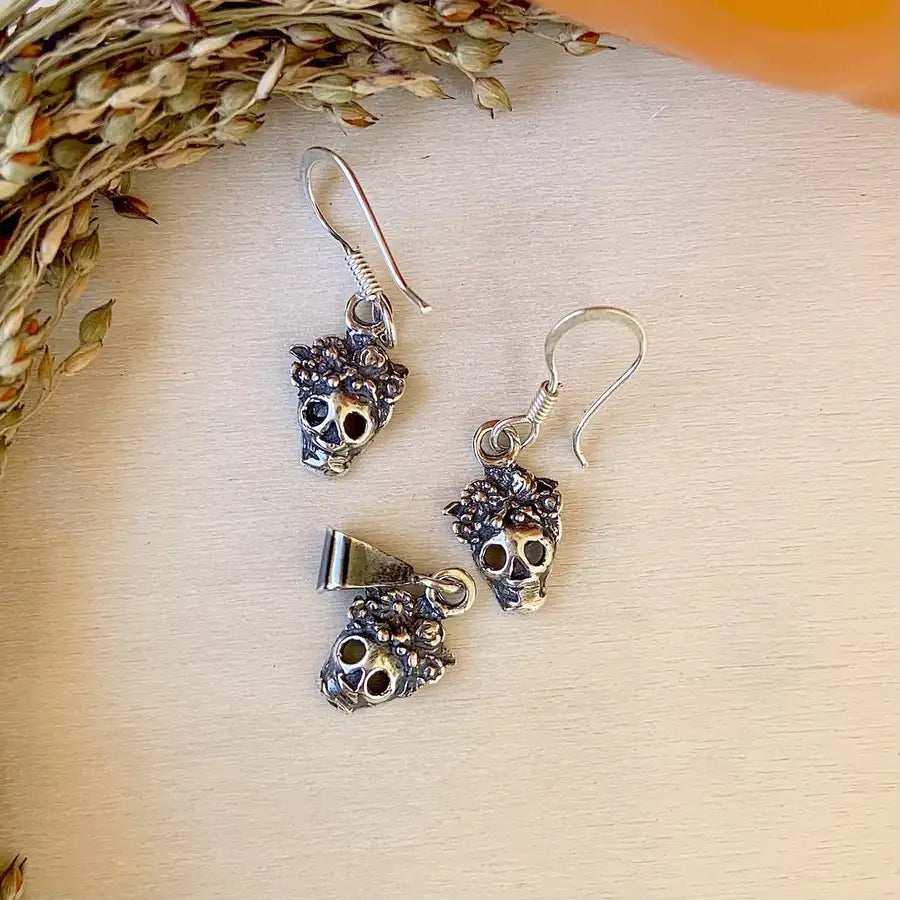 Sterling Silver Mini Calavera Earrings and Pendant (Set Sold Individually)