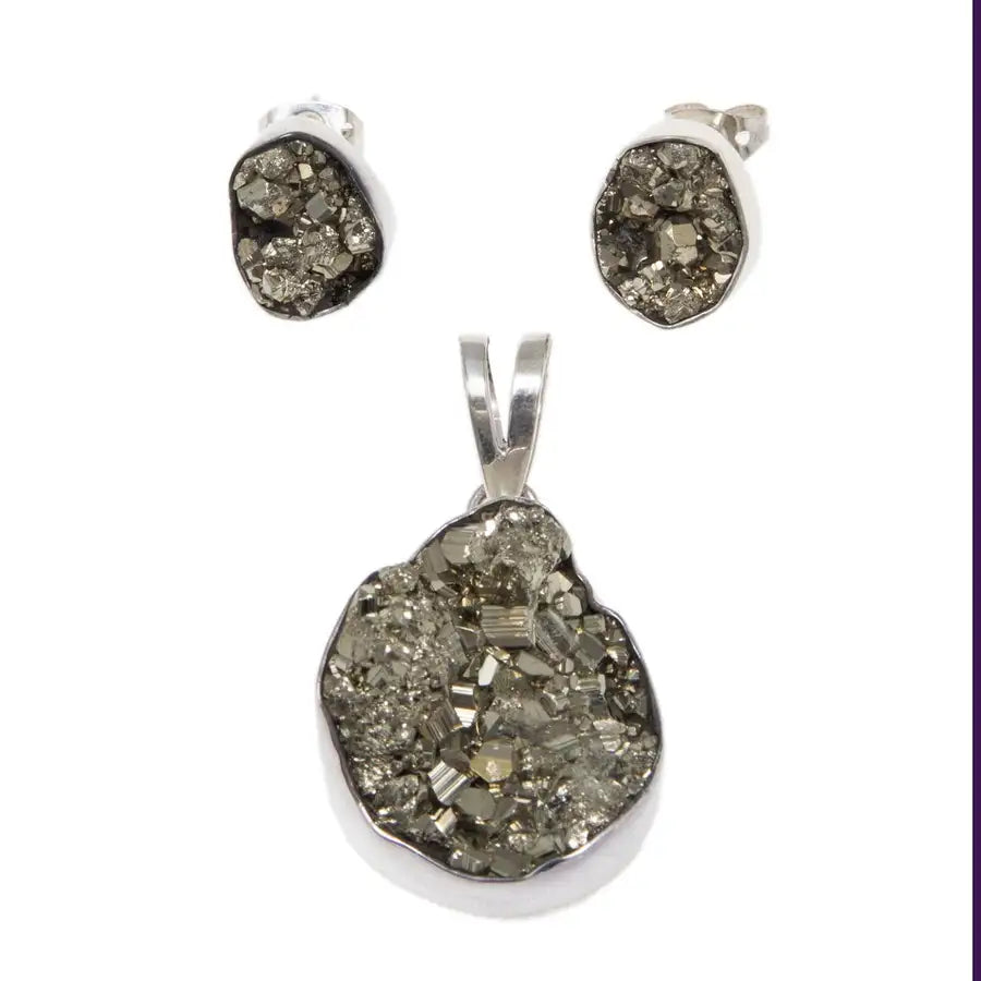Sterling Silver Lucky Pyrite Earrings and Pendant Set - 1