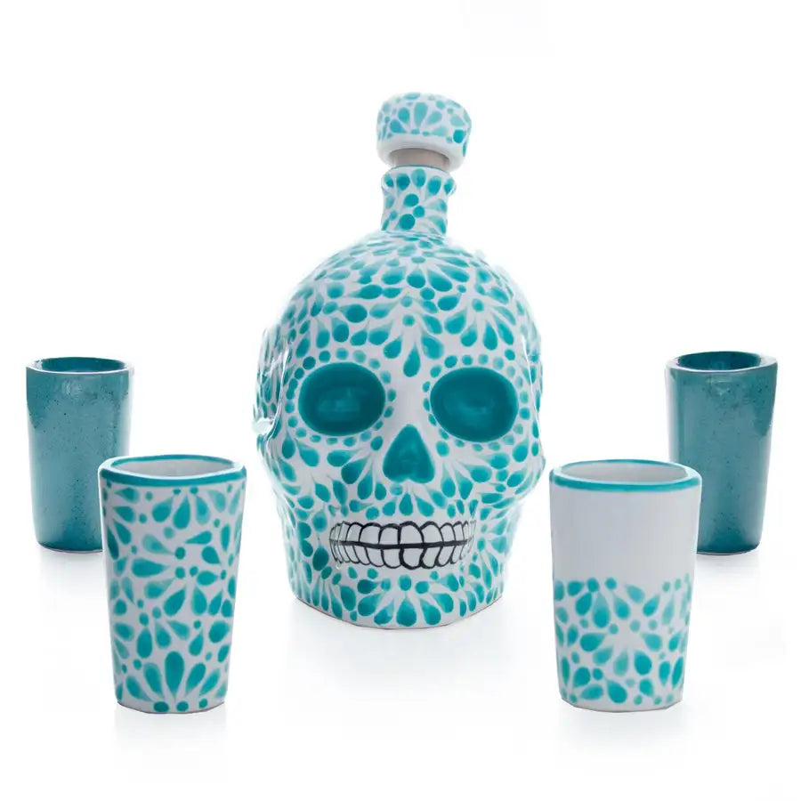 Hand Painted Sugar Skull Decanter and Shot Glasses Set