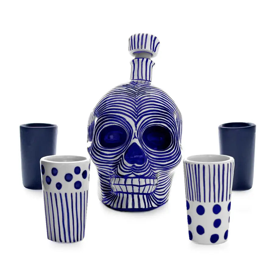 Hand Painted Sugar Skull Decanter and Shot Glasses Set