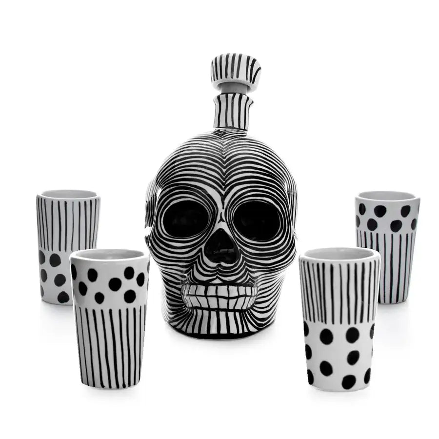 Hand Painted Sugar Skull Decanter and Shot Glasses Set