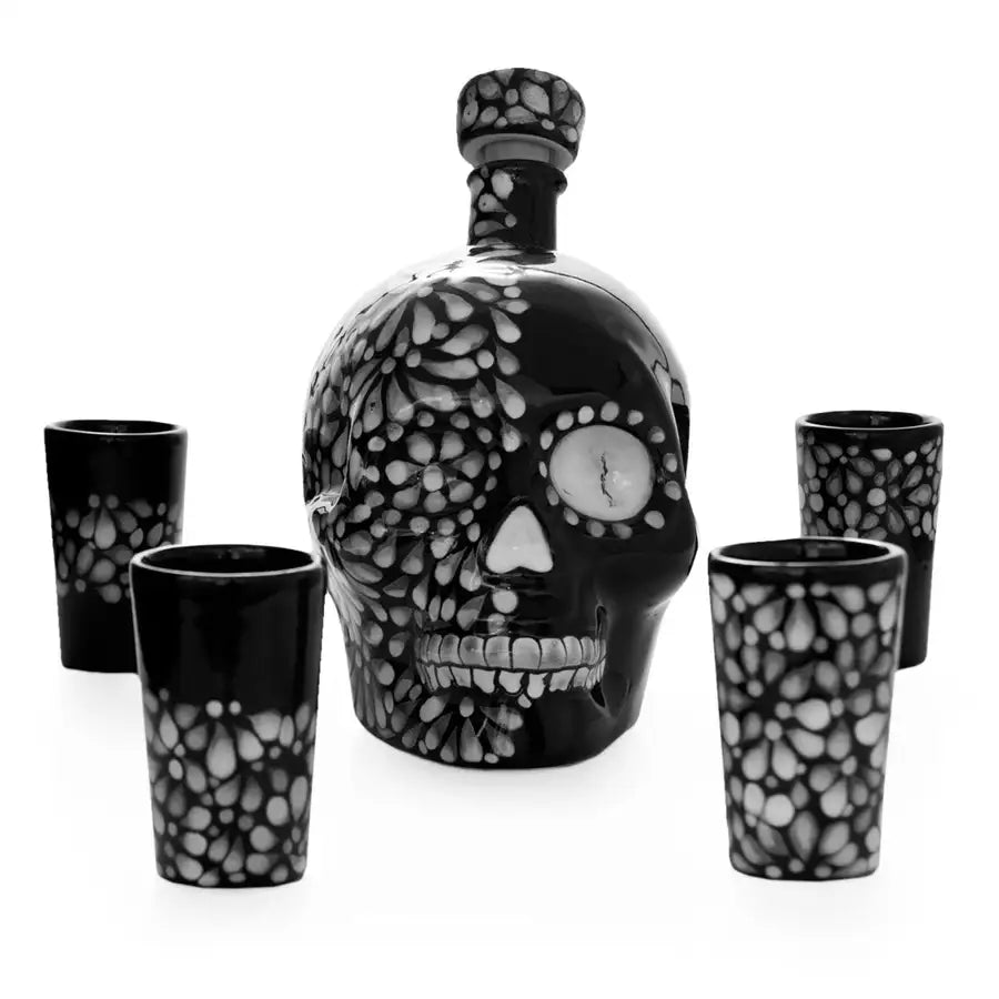 Hand Painted Sugar Skull Decanter and Shot Glasses Set