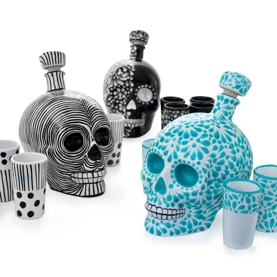 Hand Painted Sugar Skull Decanter and Shot Glasses Set