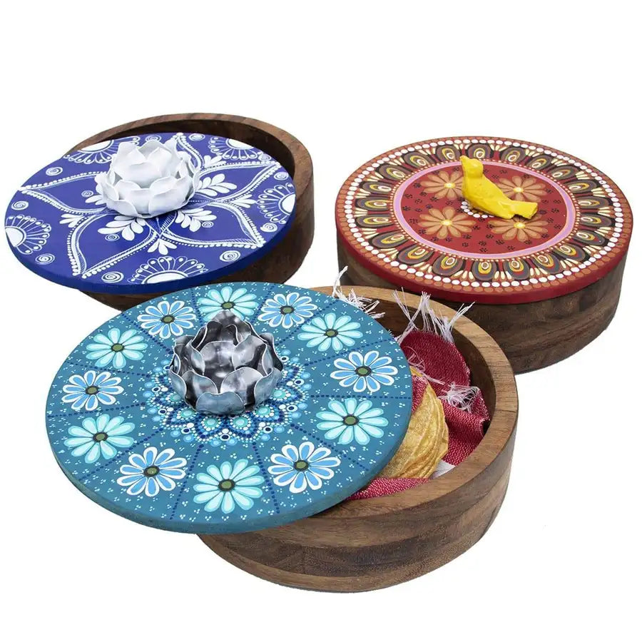 Hand-painted Parota Solid Wood Kitchen Tortillero/Basket - 16
