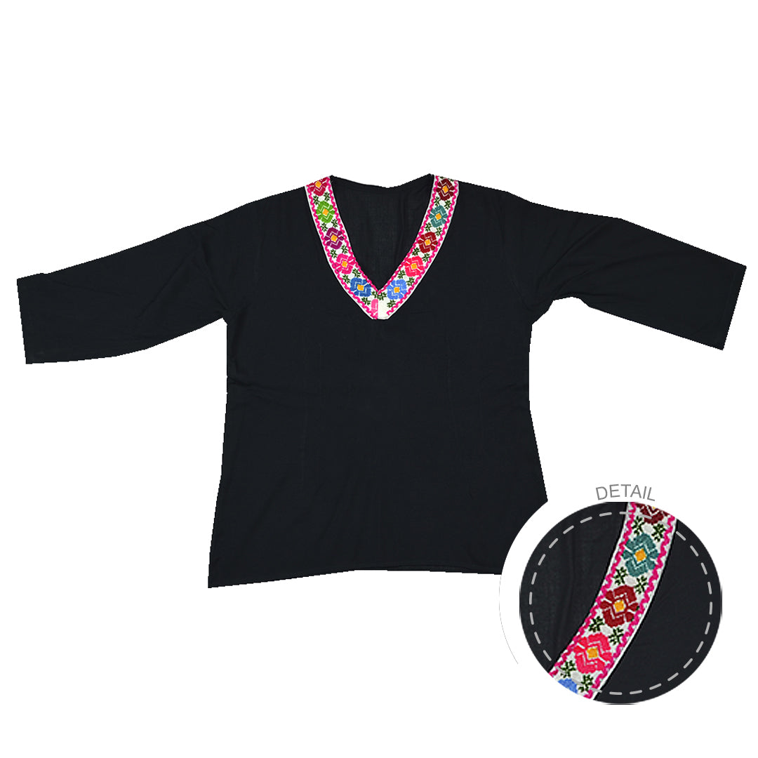 Puebla Modern Embroidered V-Neck Blouse | Lolo Mexican Mercadito