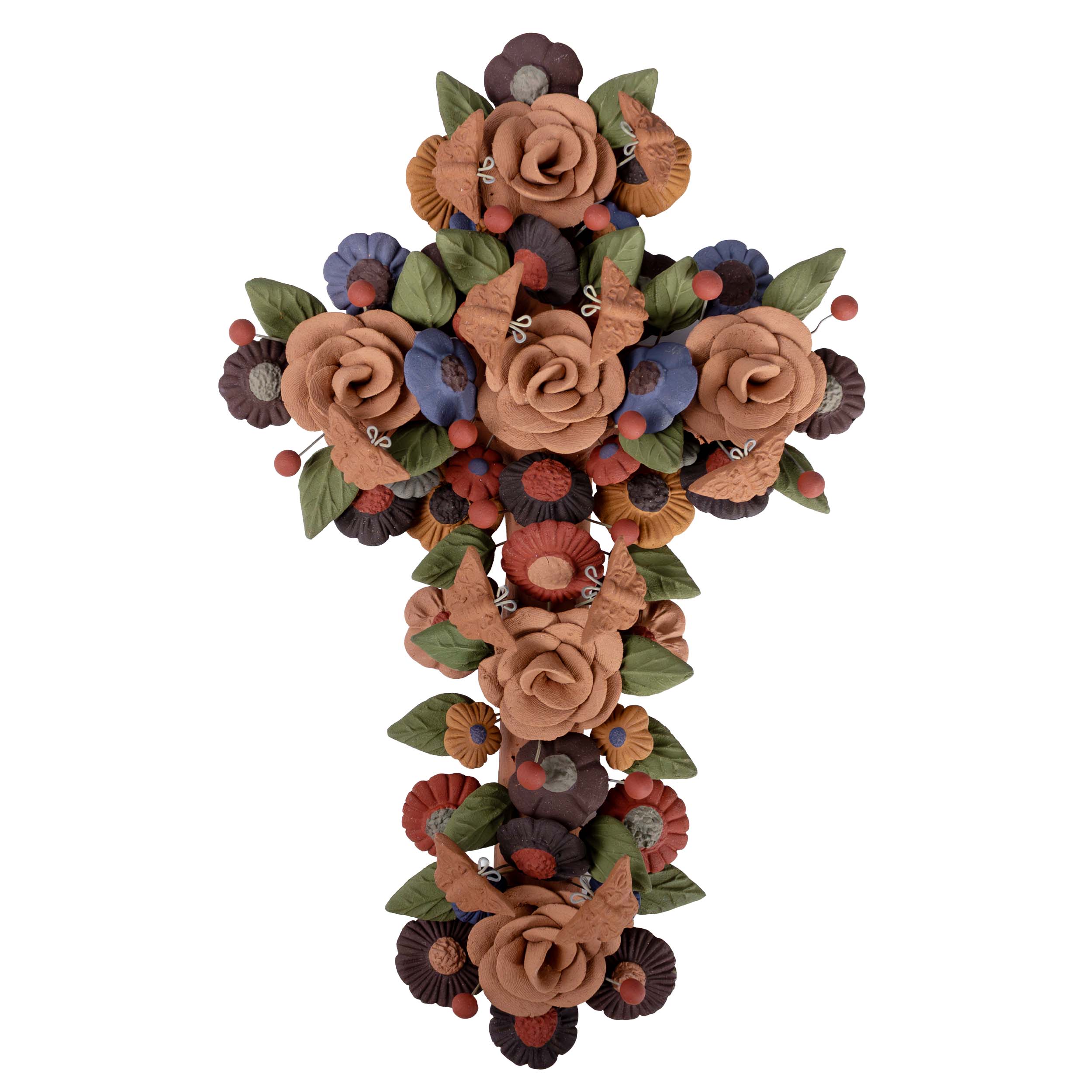 Large Floral Cross Barro Pigmentado Clay Wall Art
