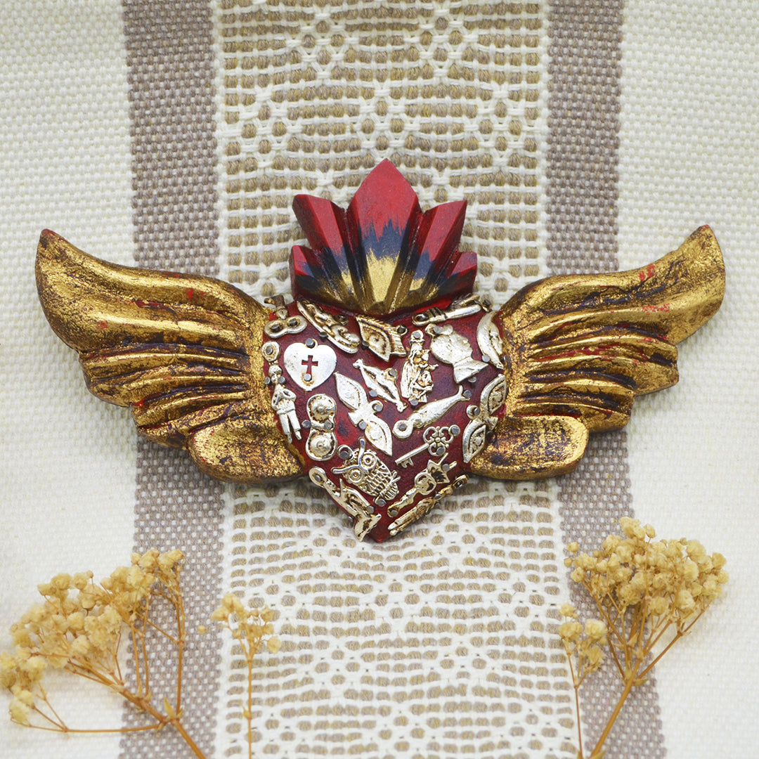 Winged Wooden Heart with Milagritos