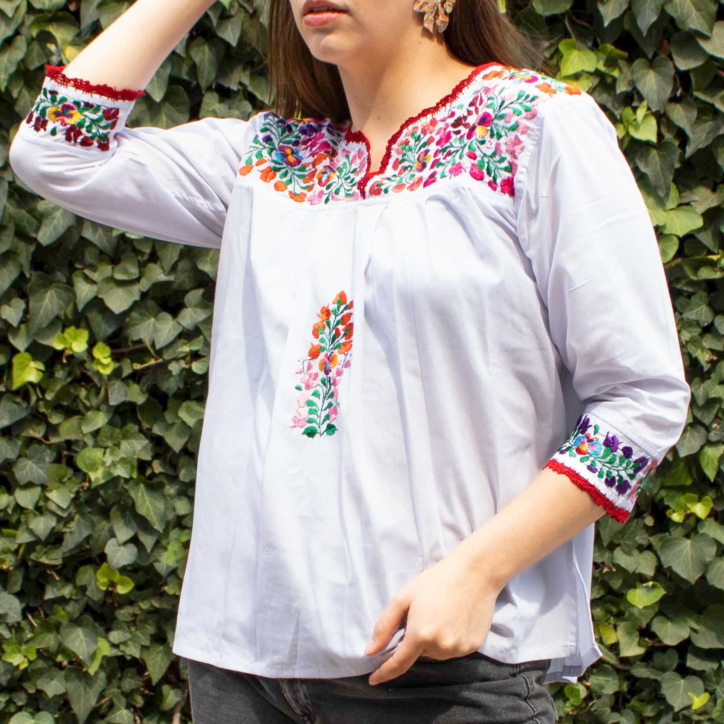 Camila Hand-Embroidered 3/4 Sleeve Blouse | Lolo Mexican Mercadito