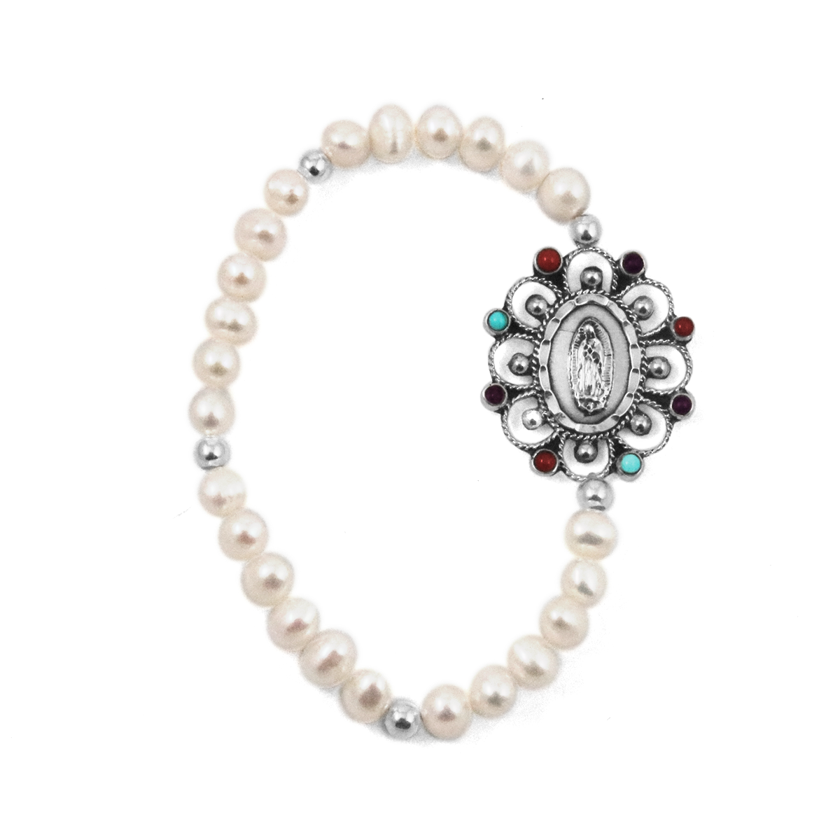 Sterling Silver Virgen De Guadalupe Faux Pearl Bracelet