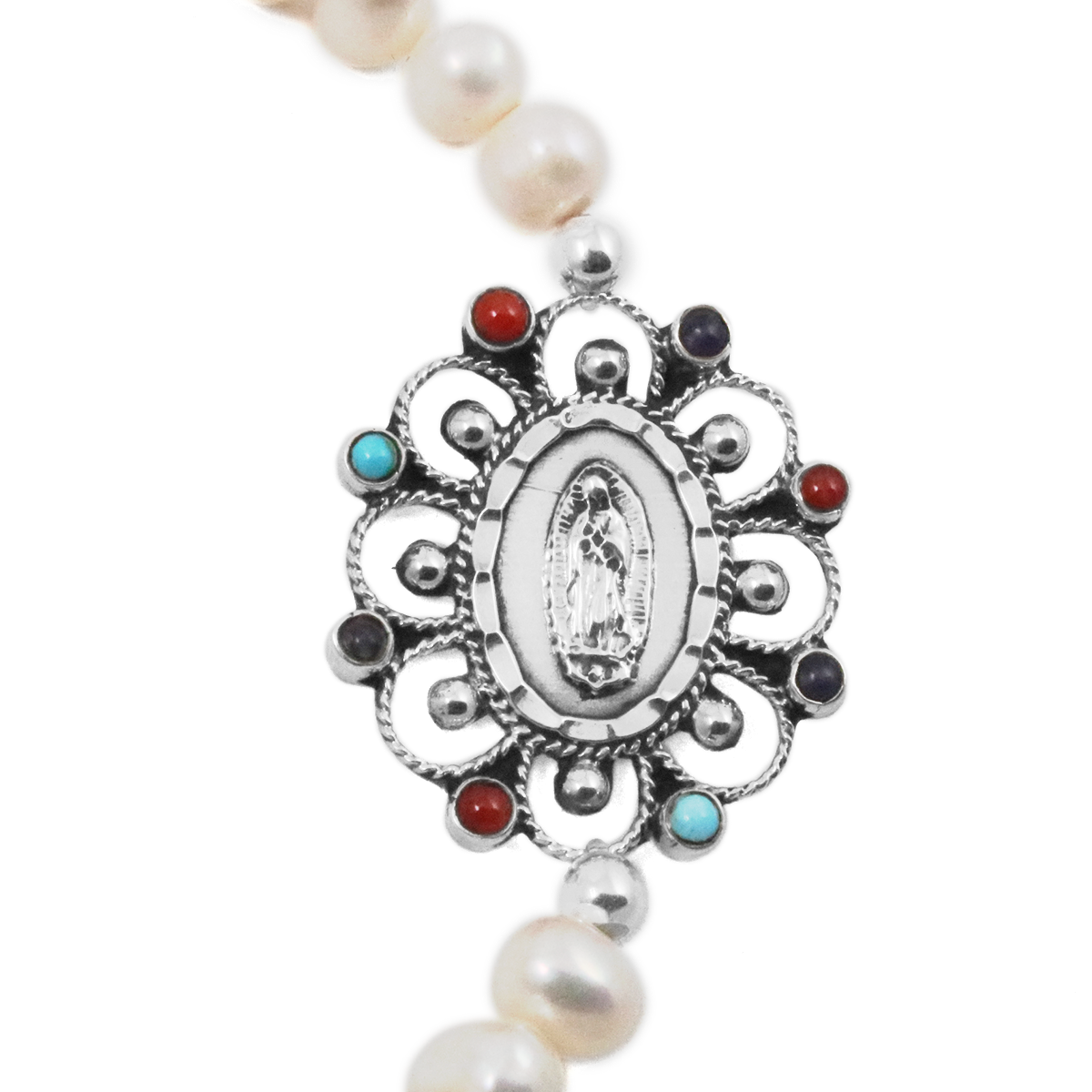 Sterling Silver Virgen De Guadalupe Faux Pearl Bracelet