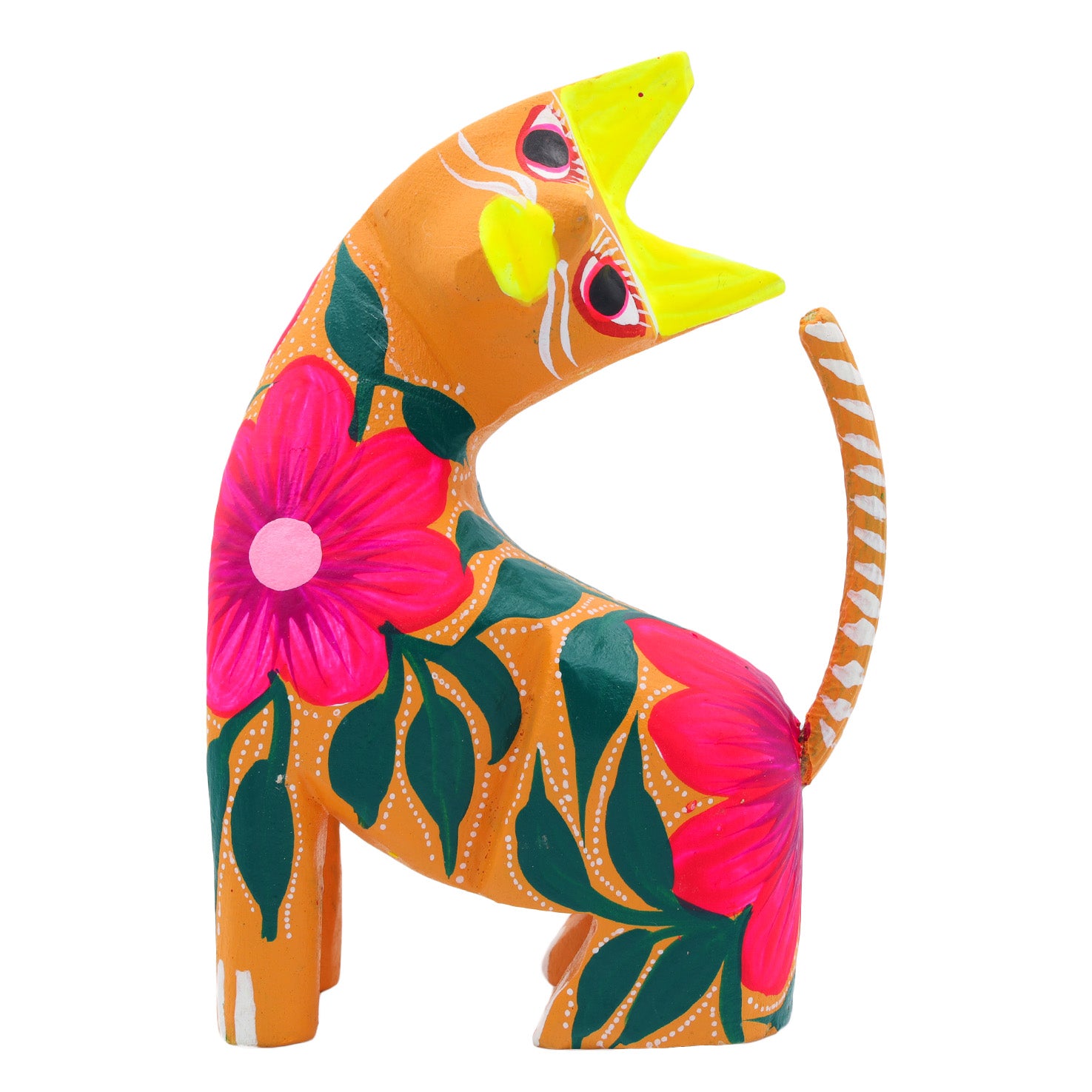 Large Hand Painted Neck Side Bend Cat Wooden Figurine