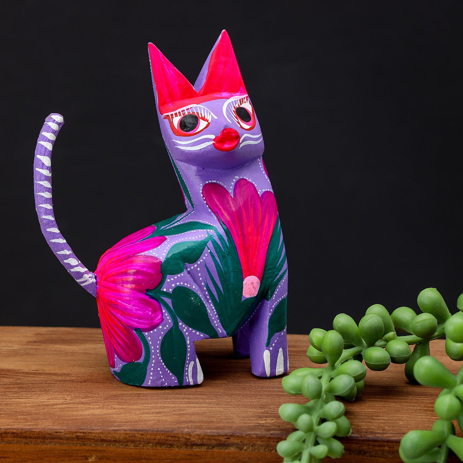 Large Hand Painted Sitting Cat Wooden Figurine