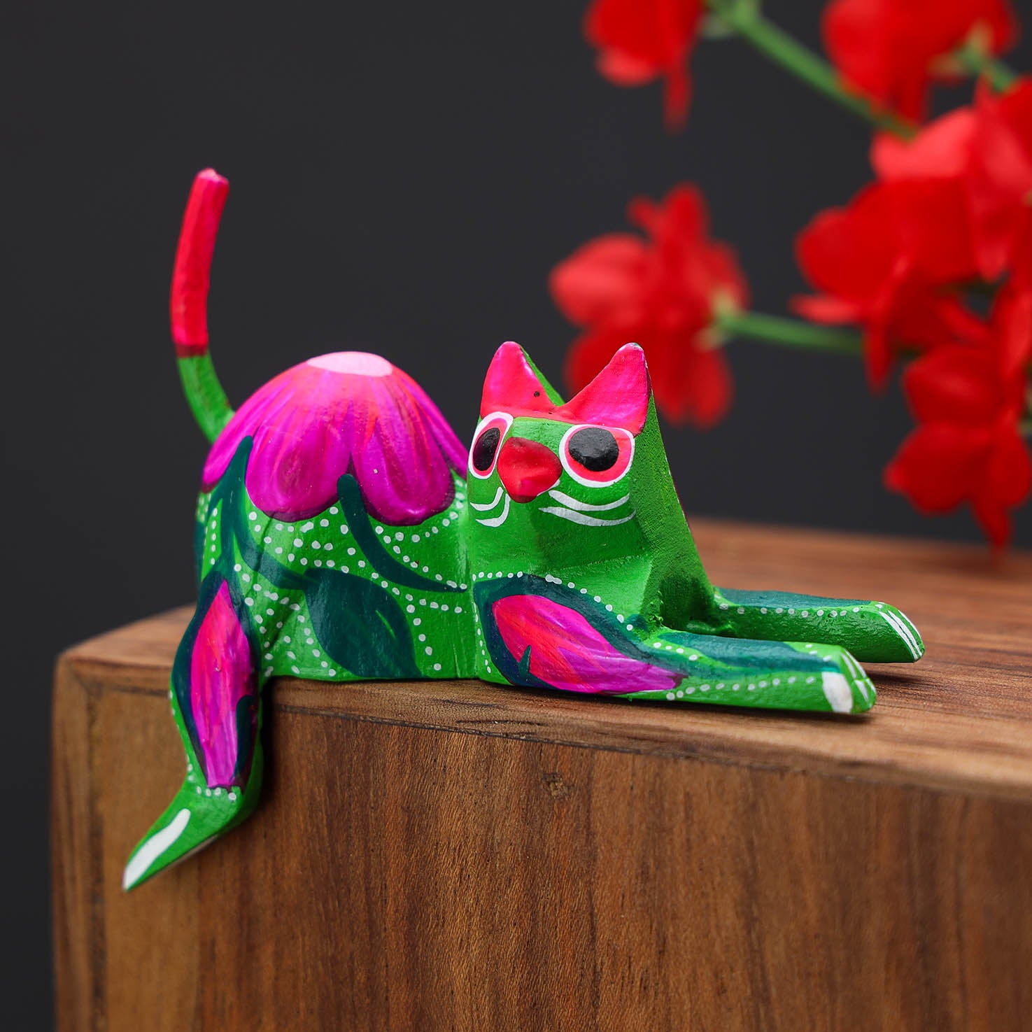 Hand Painted and Carved Hanging Cat Wooden Figurine Alebrije